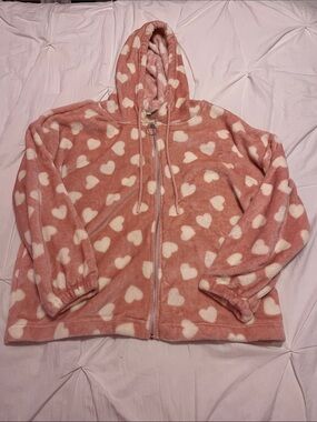 Pink Heart-Print Fleece Hoodie Jacket
